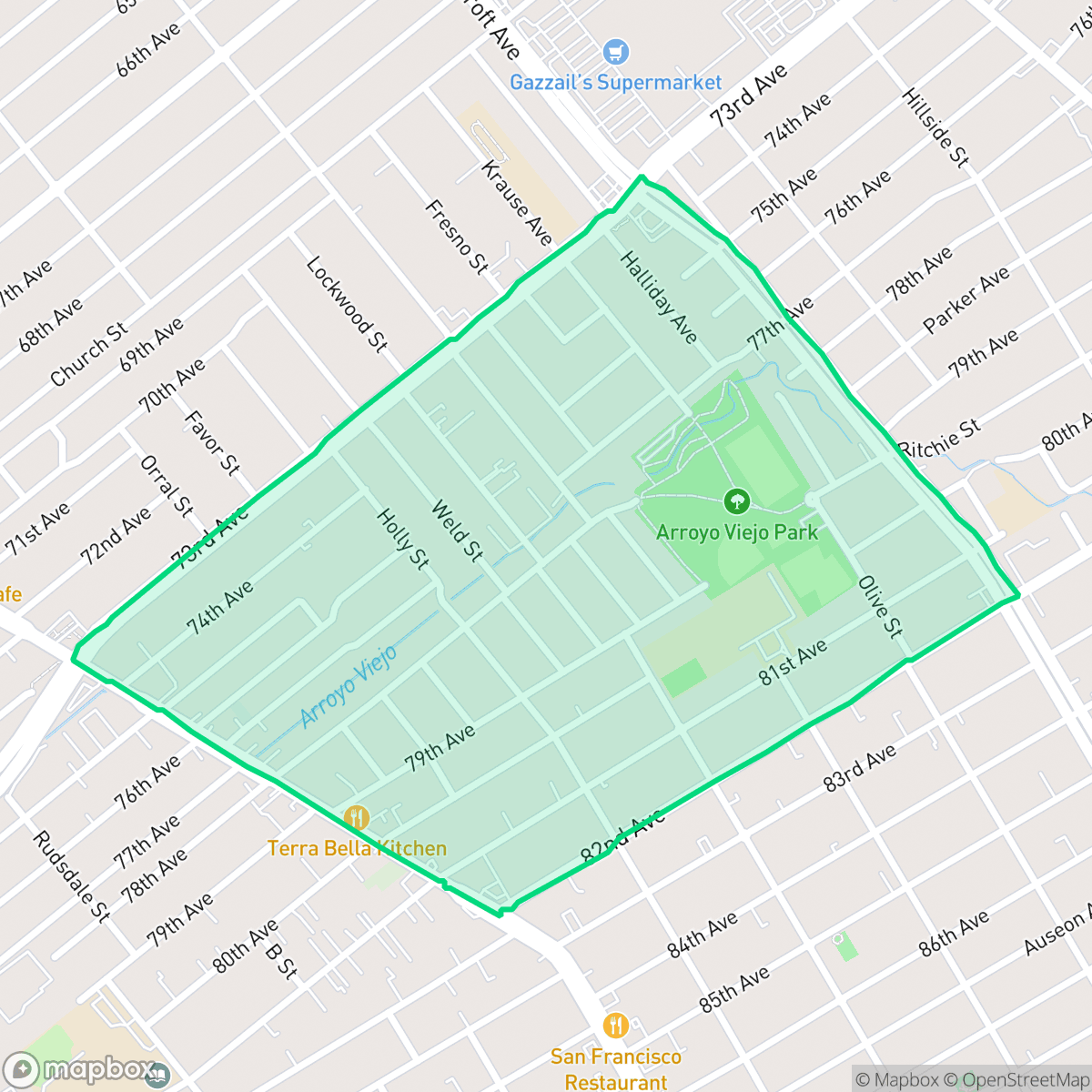 Map showing the location of Arroyo Viejo, Oakland, CA