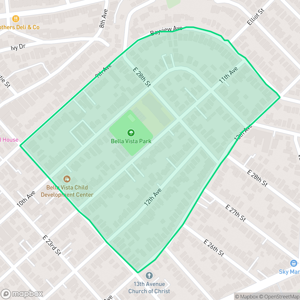 Map showing the location of Bella Vista, Oakland, CA