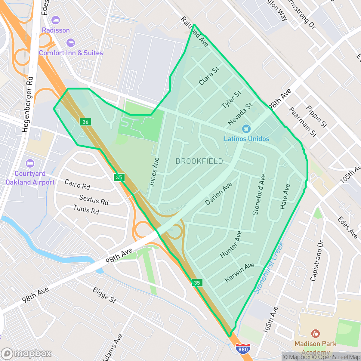 Map showing the location of Brookfield Village, Oakland, CA