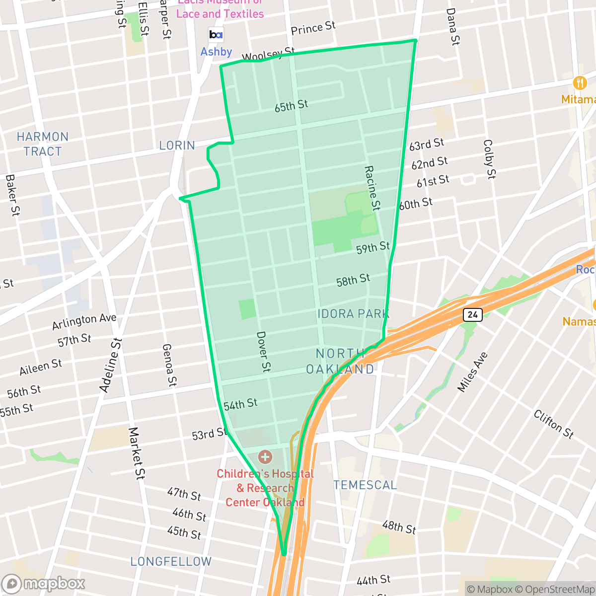 Map showing the location of Bushrod, Oakland, CA