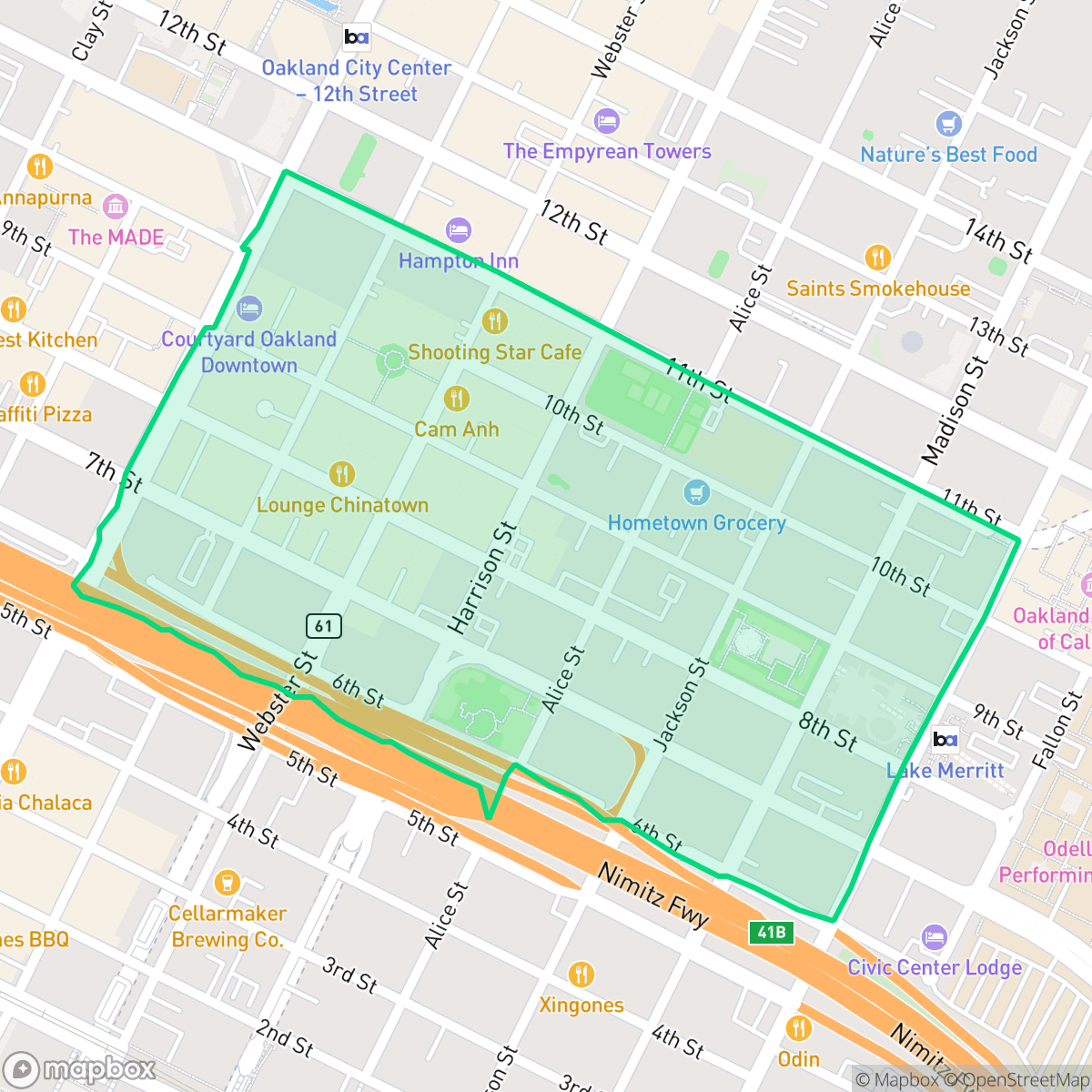 Map showing the location of Chinatown, Oakland, CA