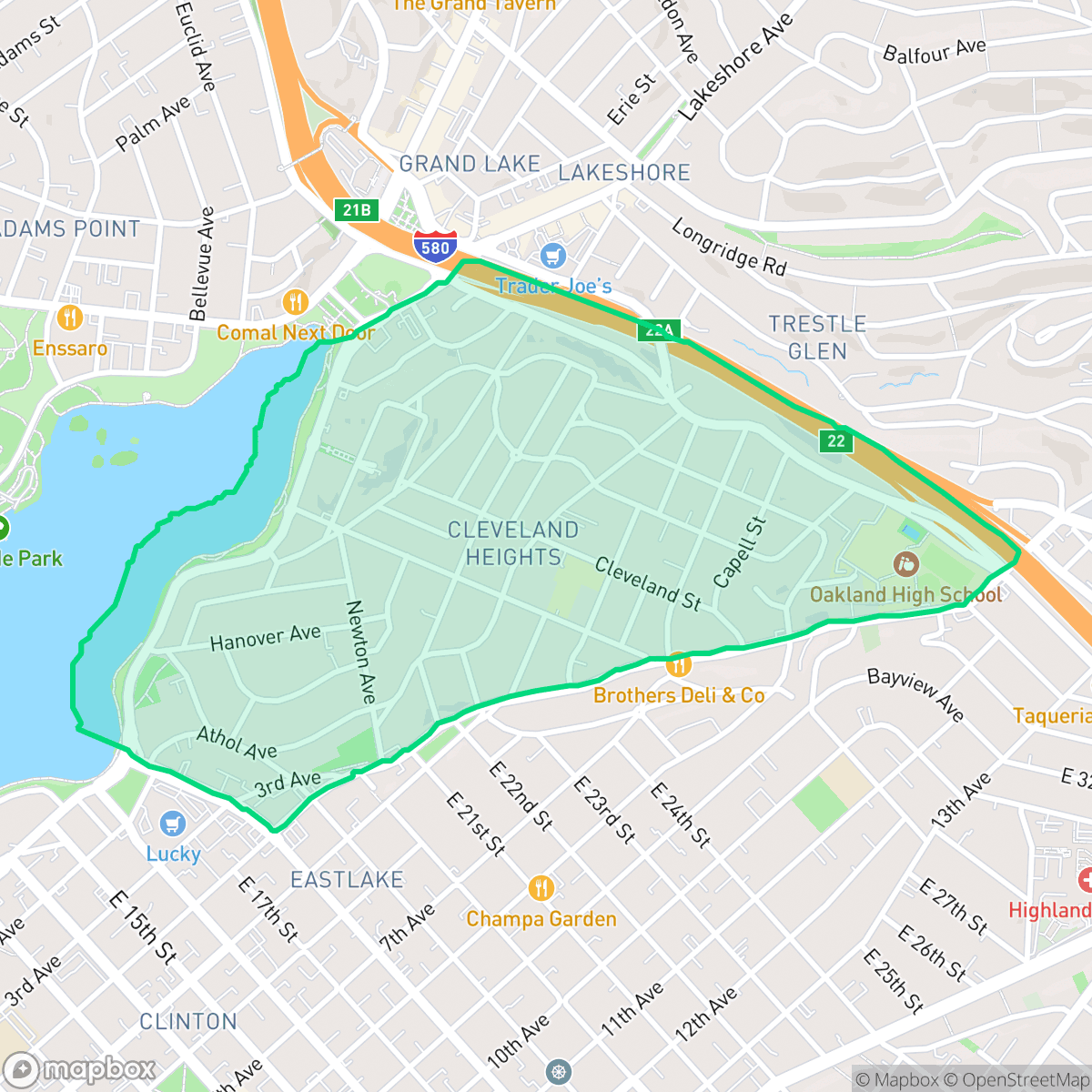 Map showing the location of Cleveland Heights, Oakland, CA