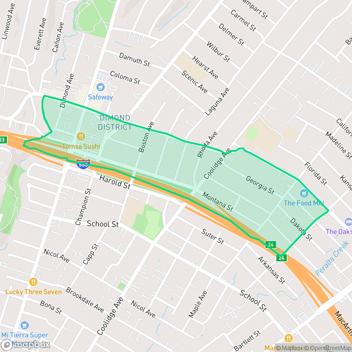 Map showing the location of Dimond, Oakland, CA