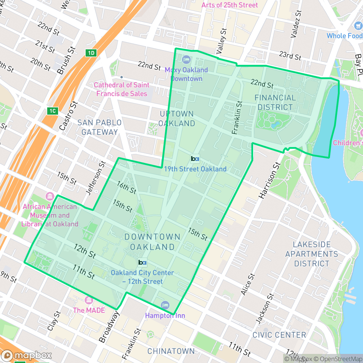 Map showing the location of Downtown, Oakland, CA