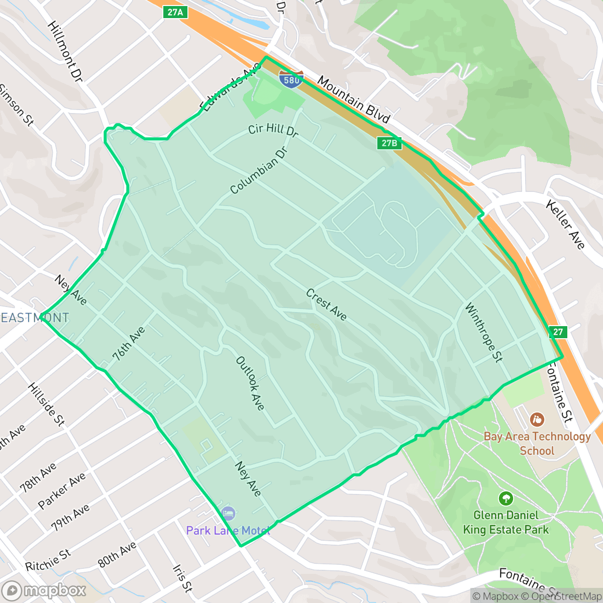 Map showing the location of Eastmont Hills, Oakland, CA
