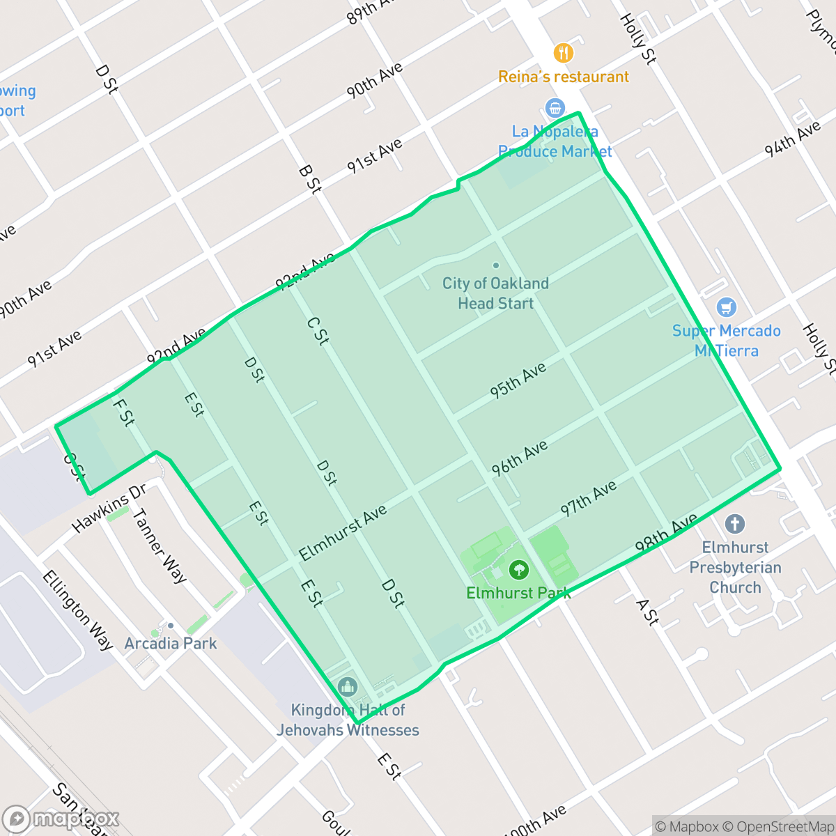 Map showing the location of Elmhurst Park, Oakland, CA