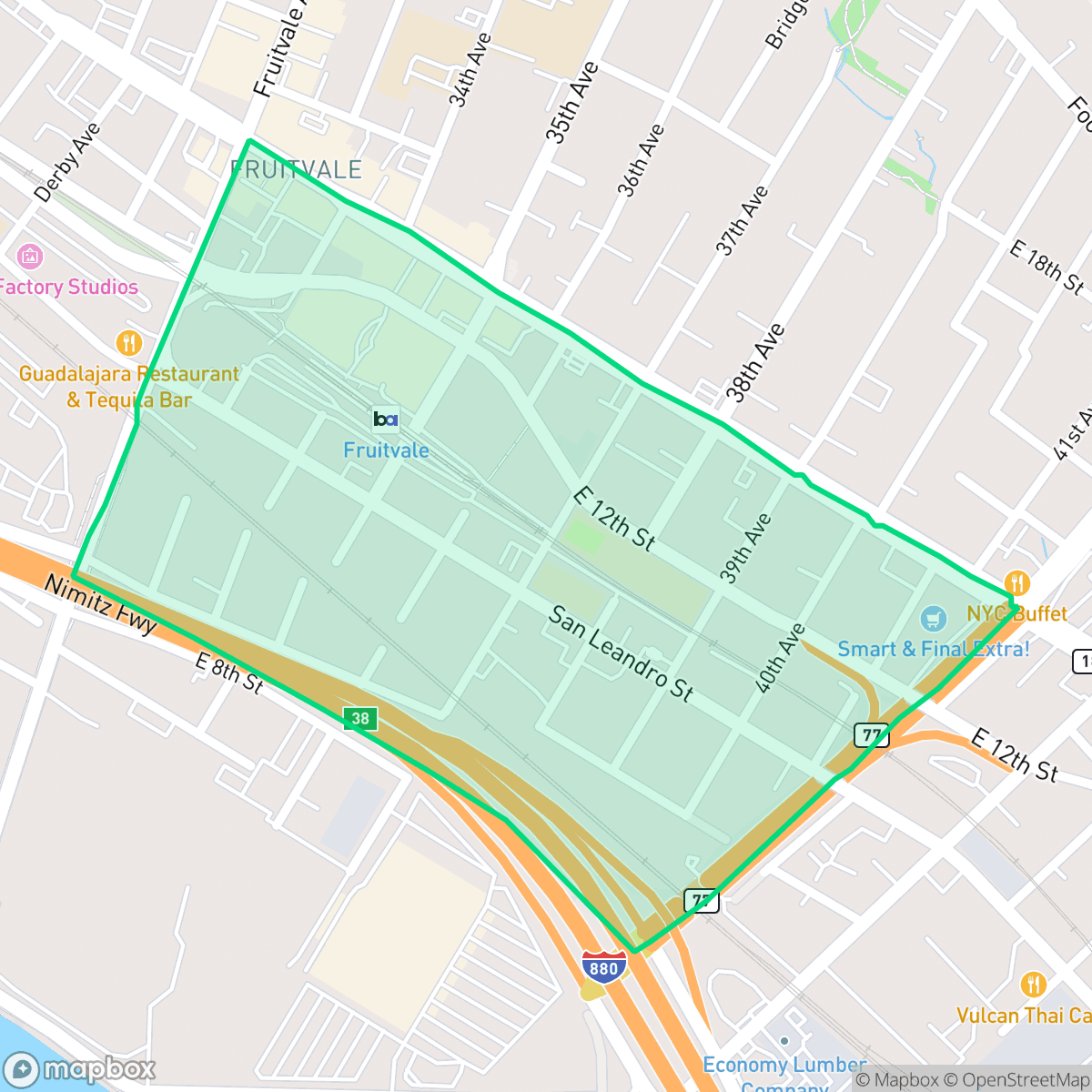 Map showing the location of Fruitvale Station, Oakland, CA