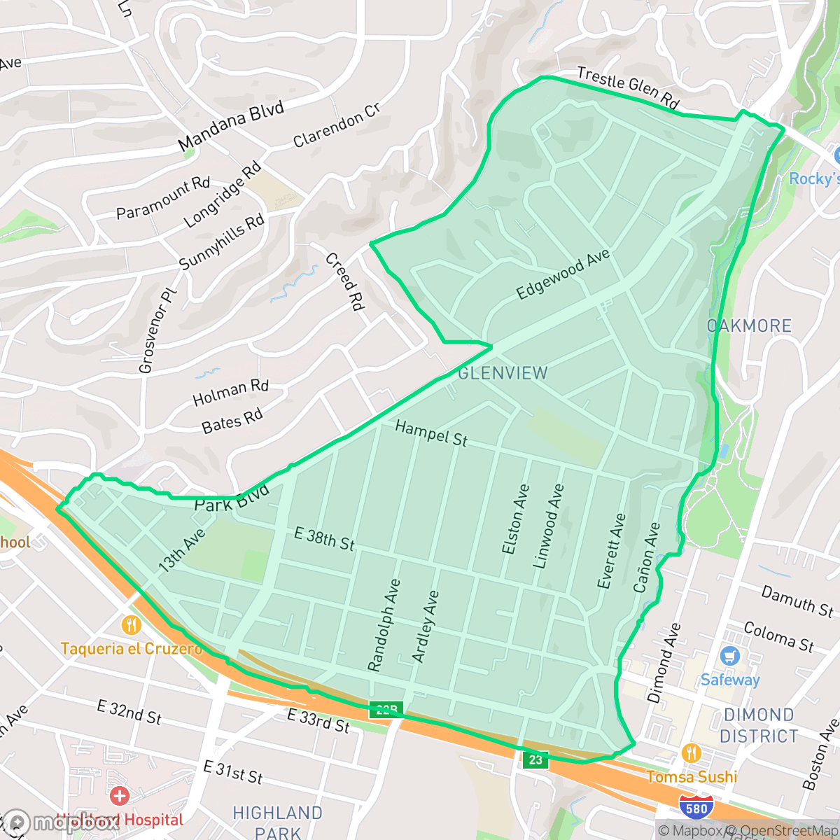 Map showing the location of Glenview, Oakland, CA