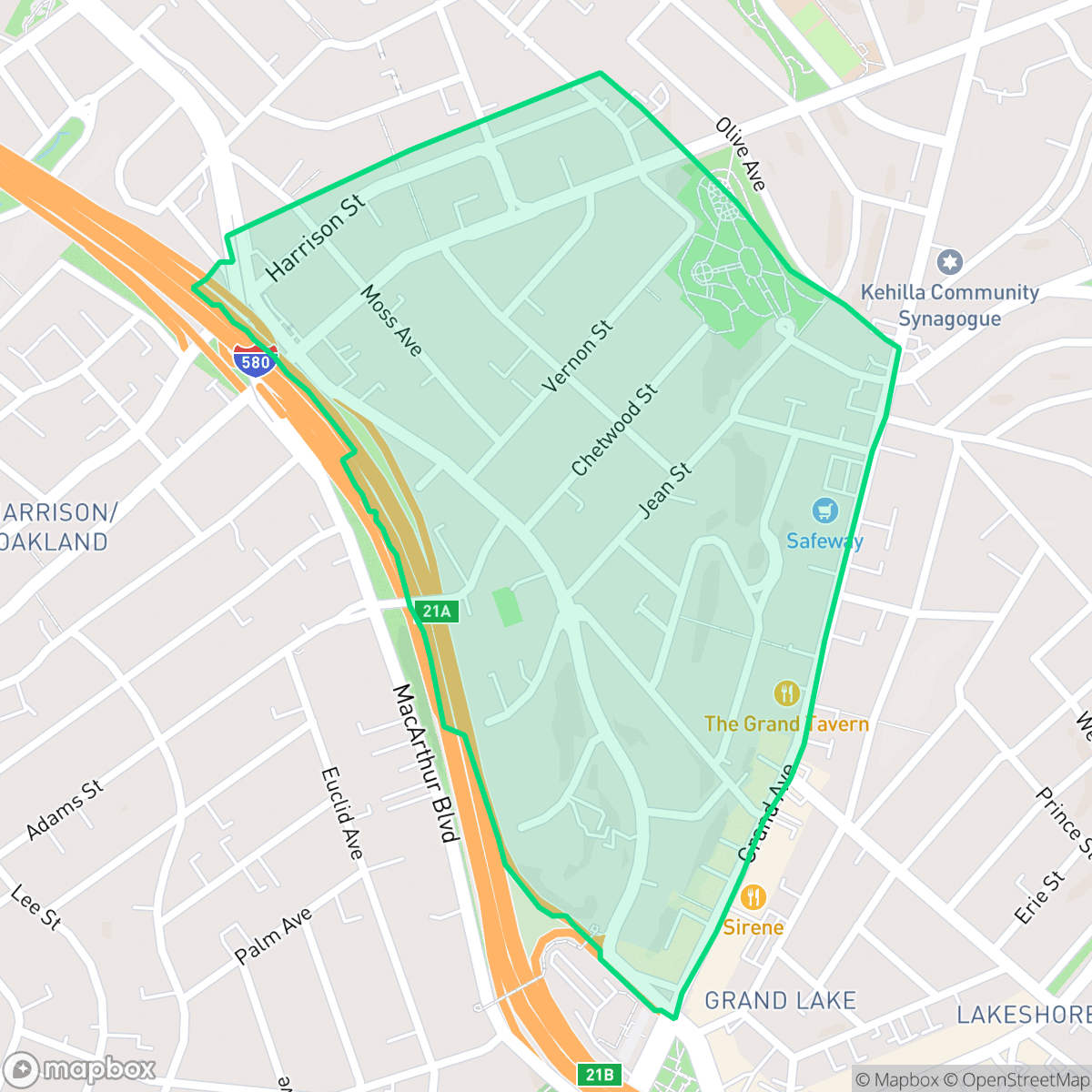 Map showing the location of Grand Lake, Oakland, CA