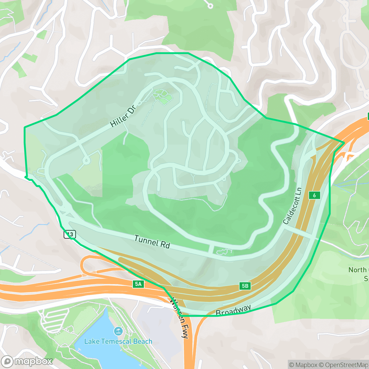 Map showing the location of Hiller Highlands, Oakland, CA