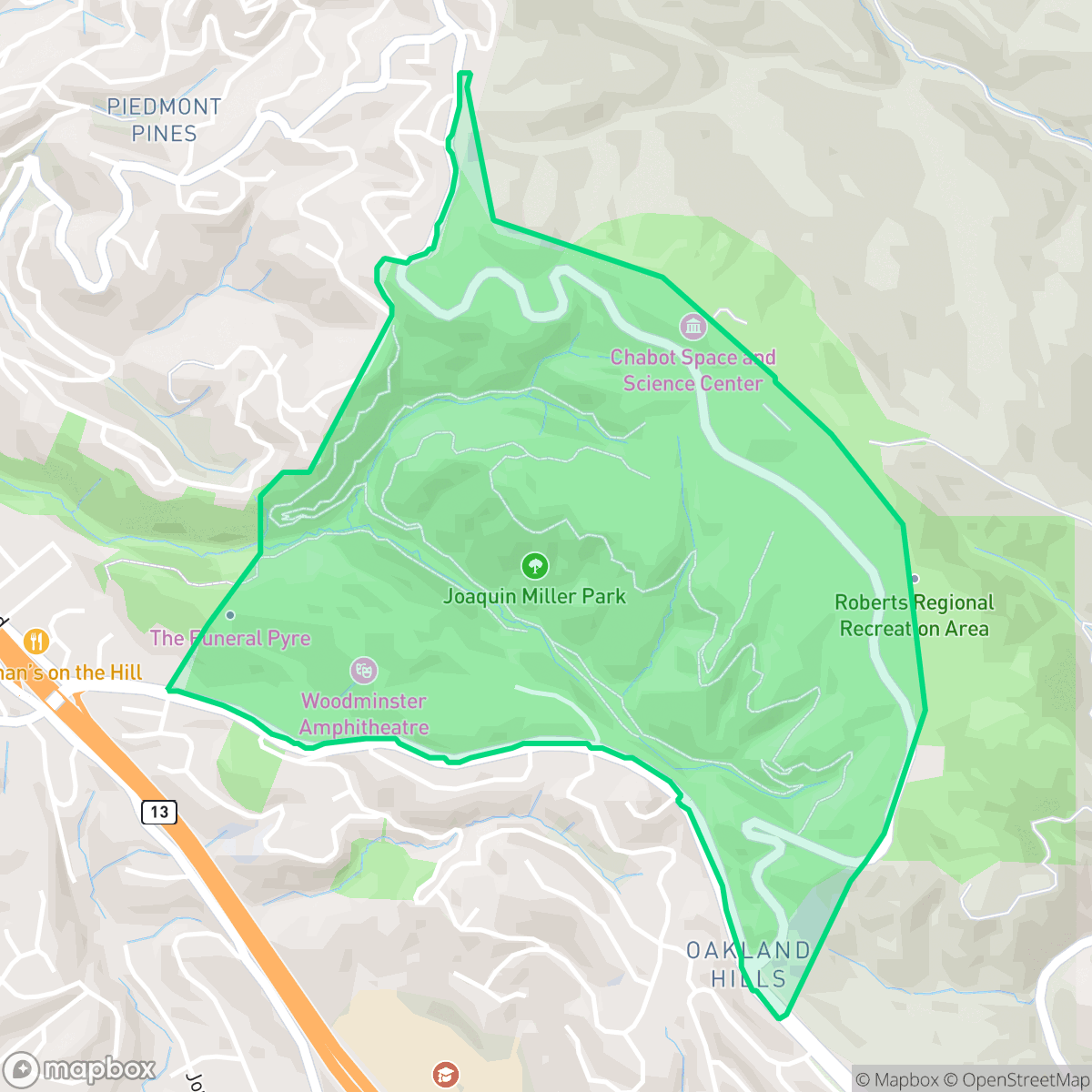 Map showing the location of Joaquin Miller Park, Oakland, CA
