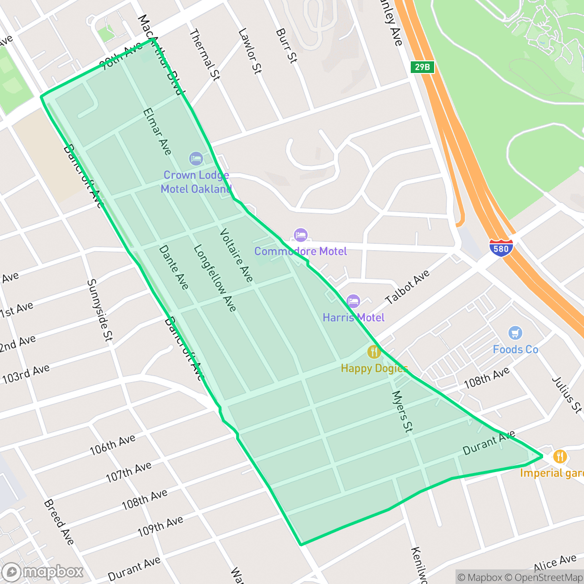 Map showing the location of Las Palmas, Oakland, CA