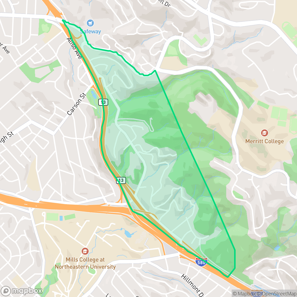 Map showing the location of Leona Heights, Oakland, CA