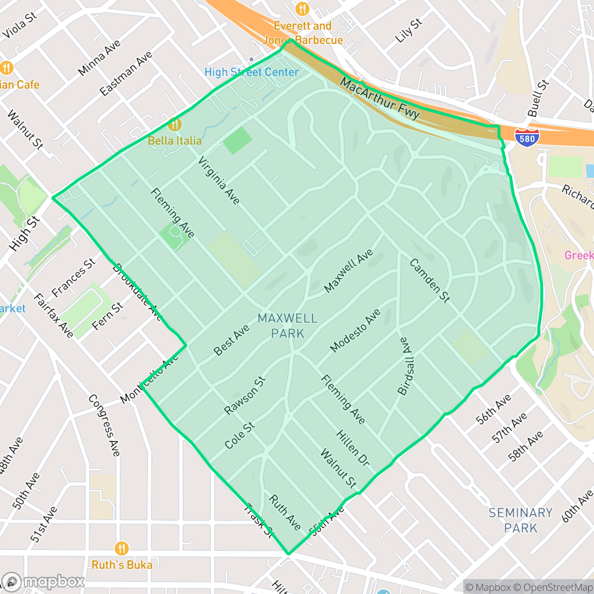 Map showing the location of Maxwell Park, Oakland, CA