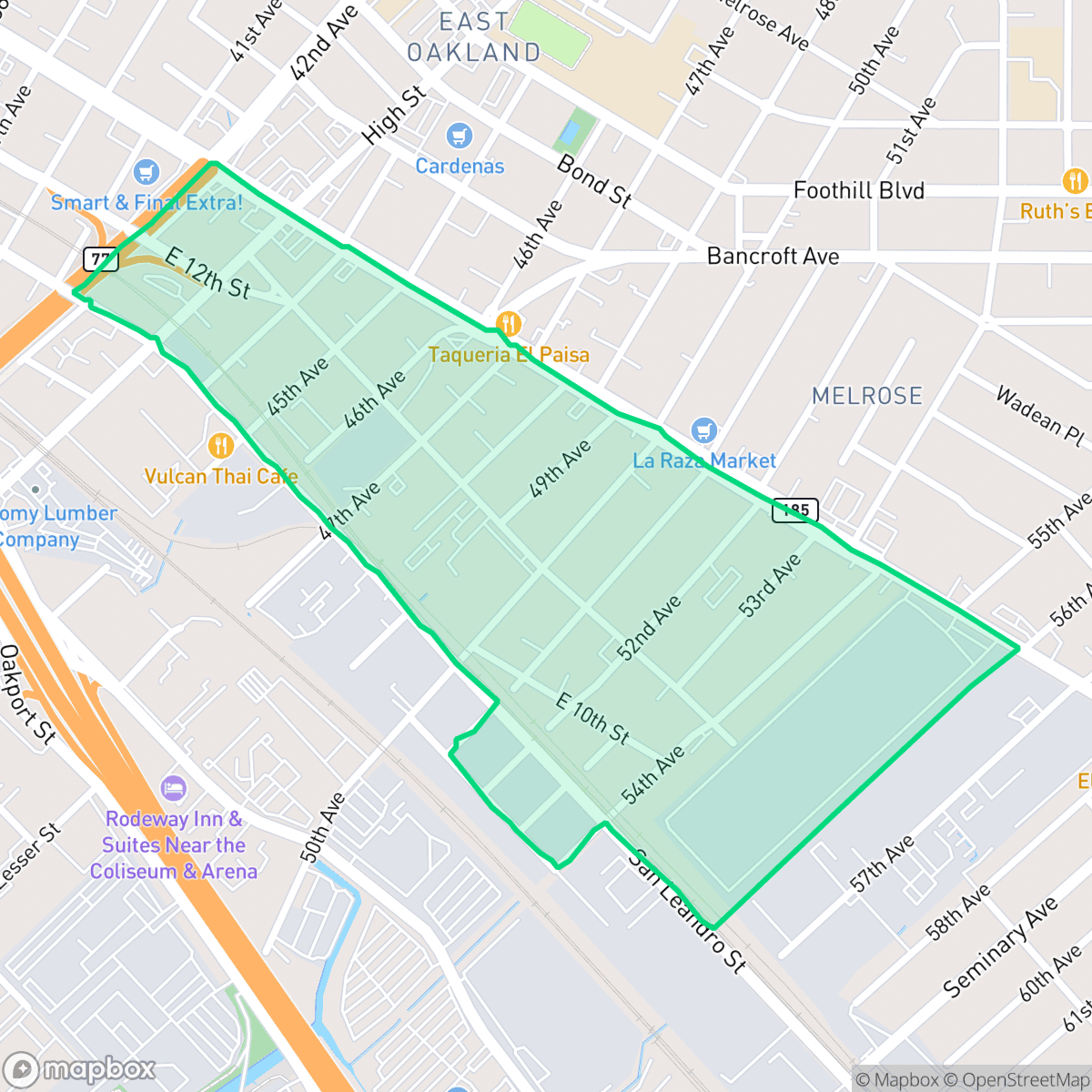 Map showing the location of Melrose, Oakland, CA