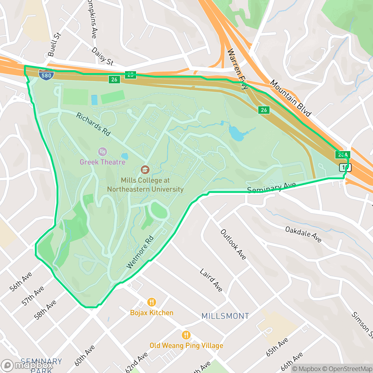 Map showing the location of Mills College, Oakland, CA