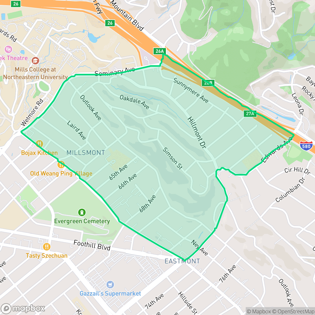 Map showing the location of Millsmont, Oakland, CA