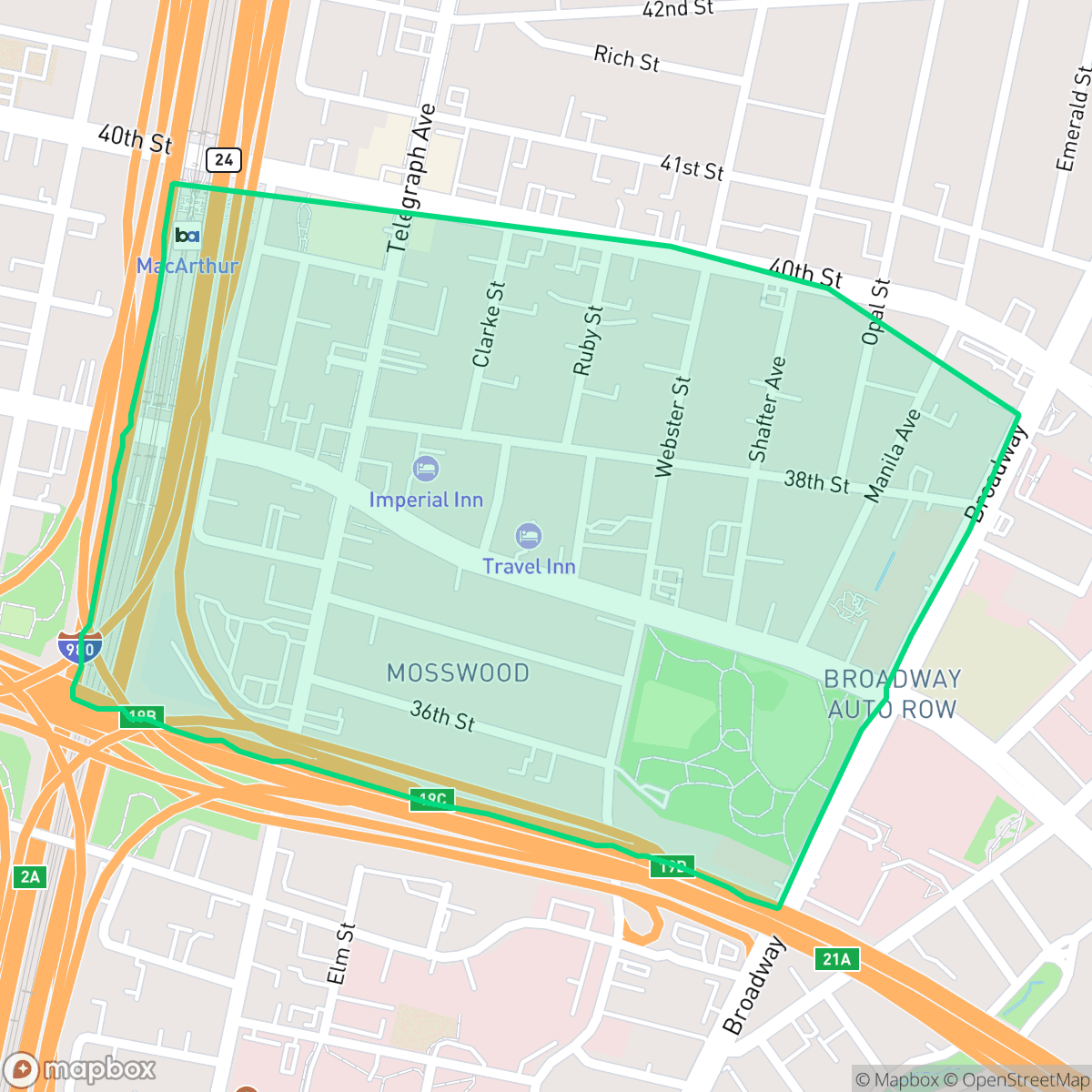 Map showing the location of Mosswood, Oakland, CA