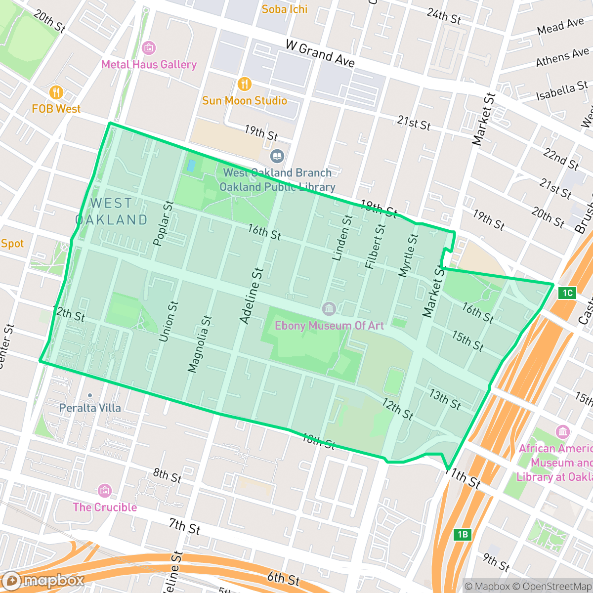 Map showing the location of Oak Center, Oakland, CA