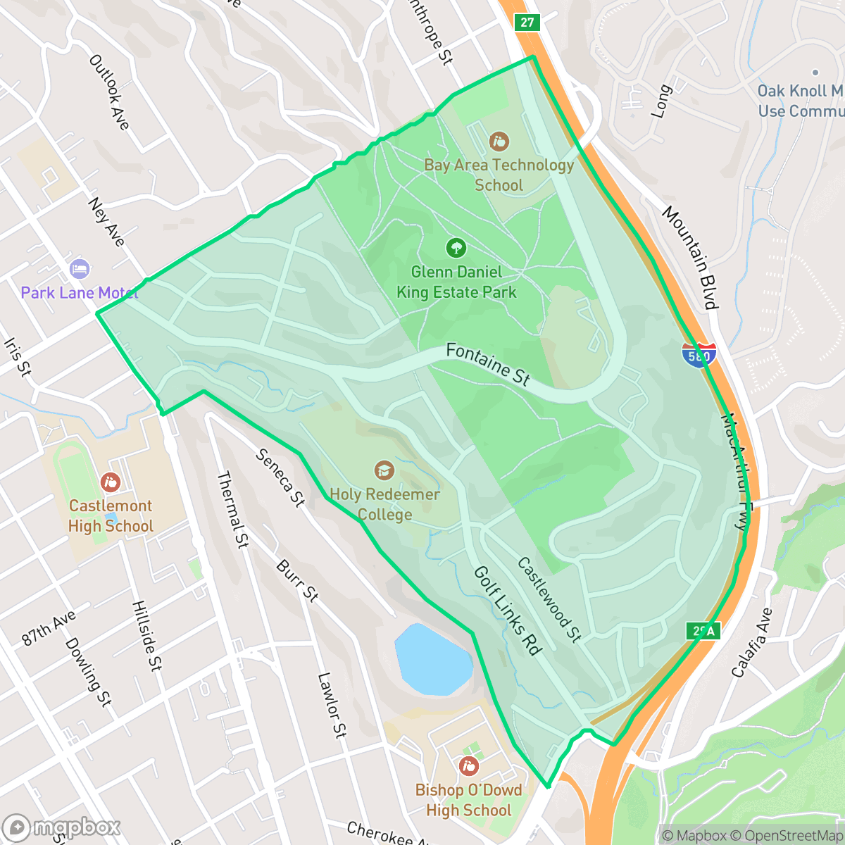 Map showing the location of Oak Knoll-Golf Links, Oakland, CA