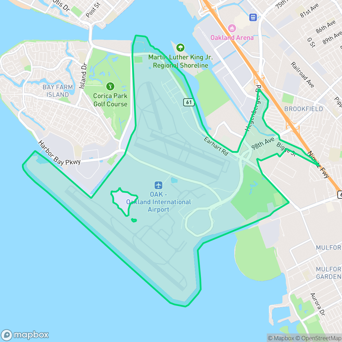 Map showing the location of Oakland Airport, Oakland, CA