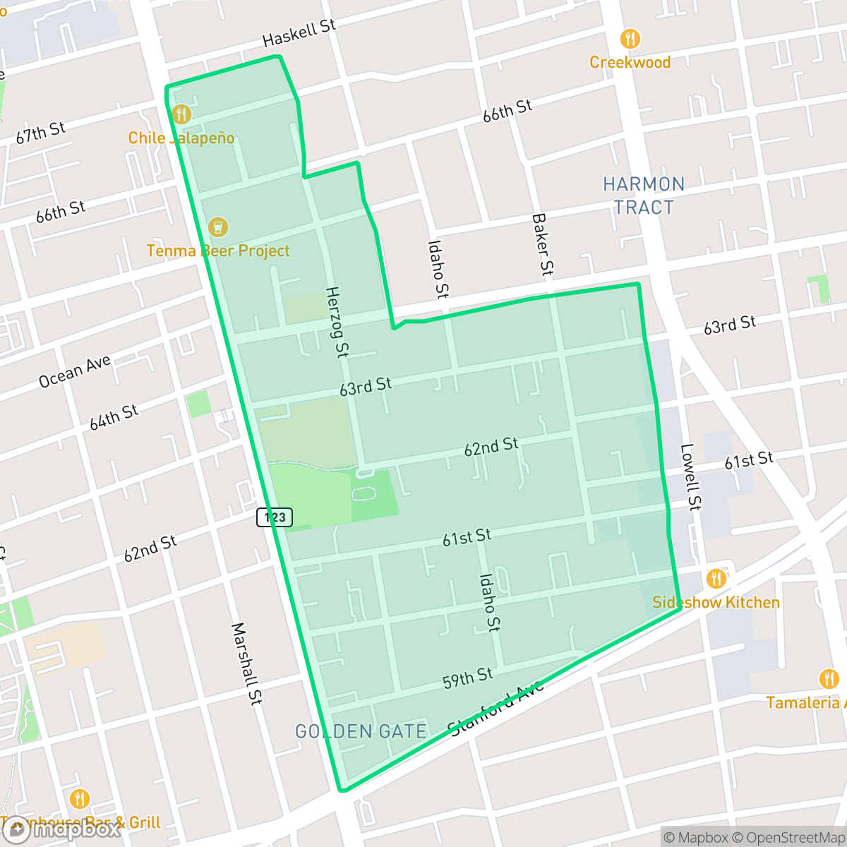 Map showing the location of Paradise Park, Oakland, CA