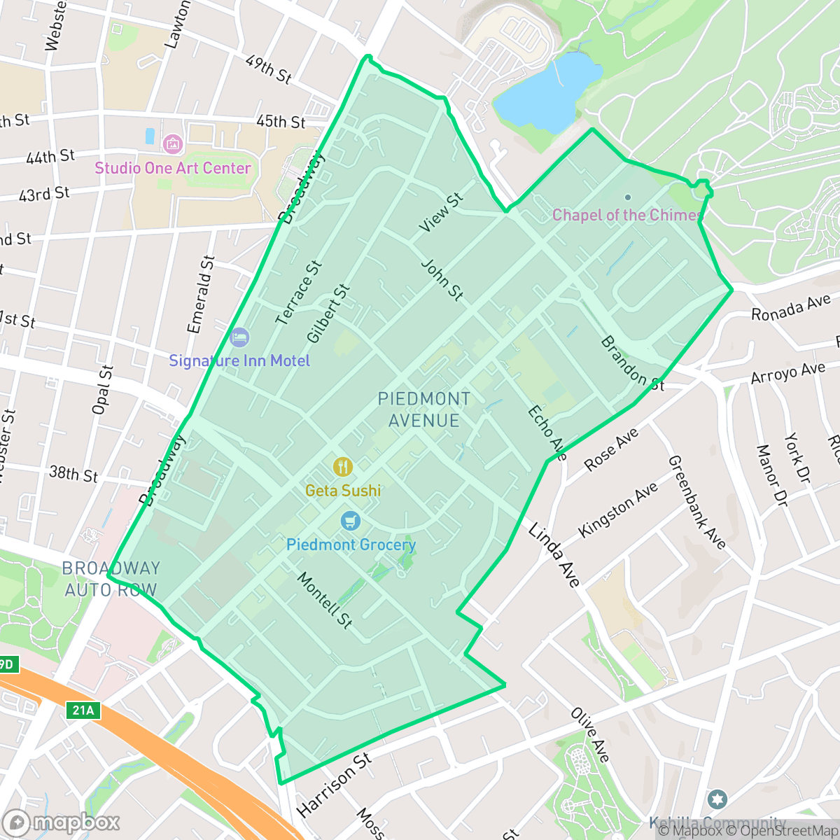 Map showing the location of Piedmont Avenue, Oakland, CA