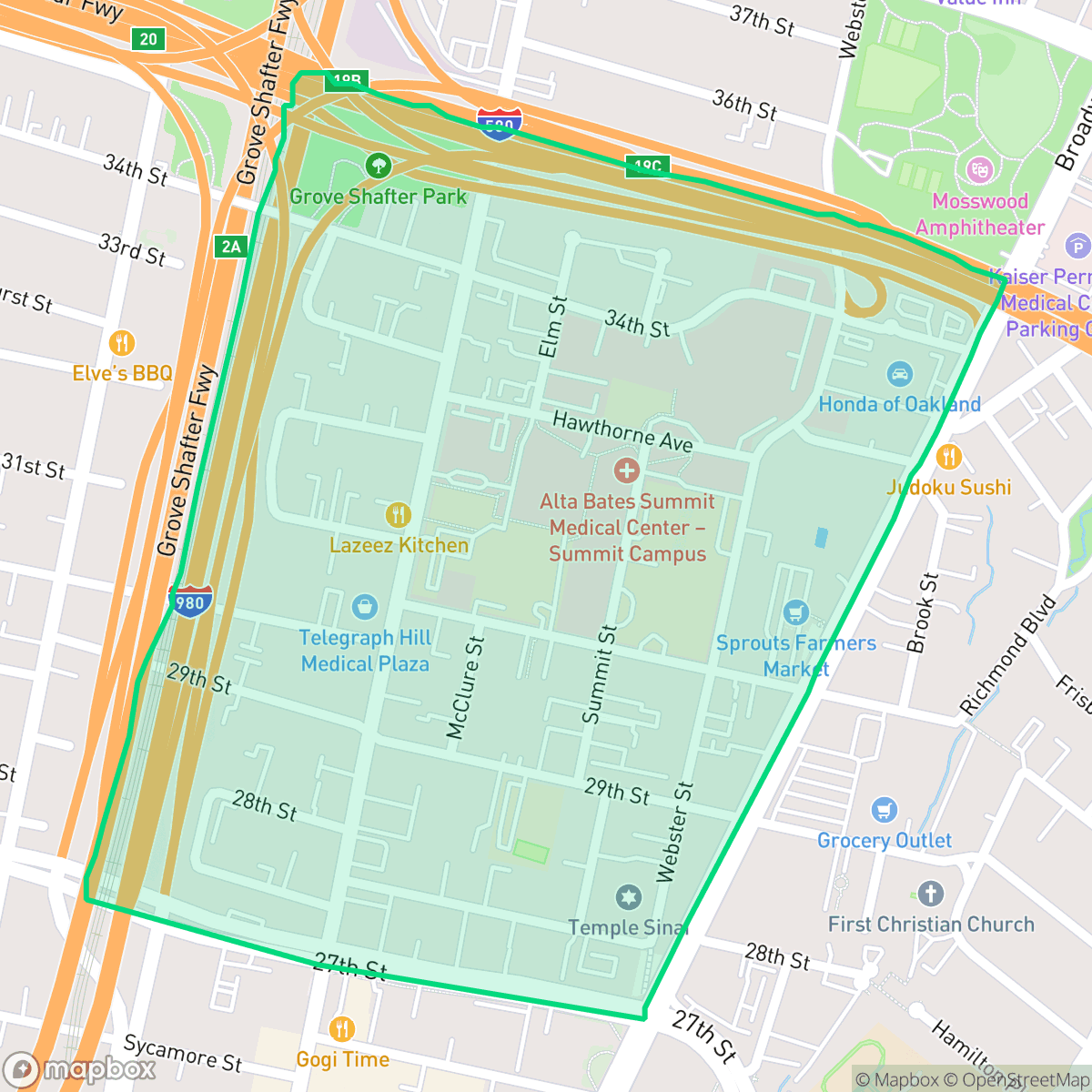 Map showing the location of Pill Hill, Oakland, CA