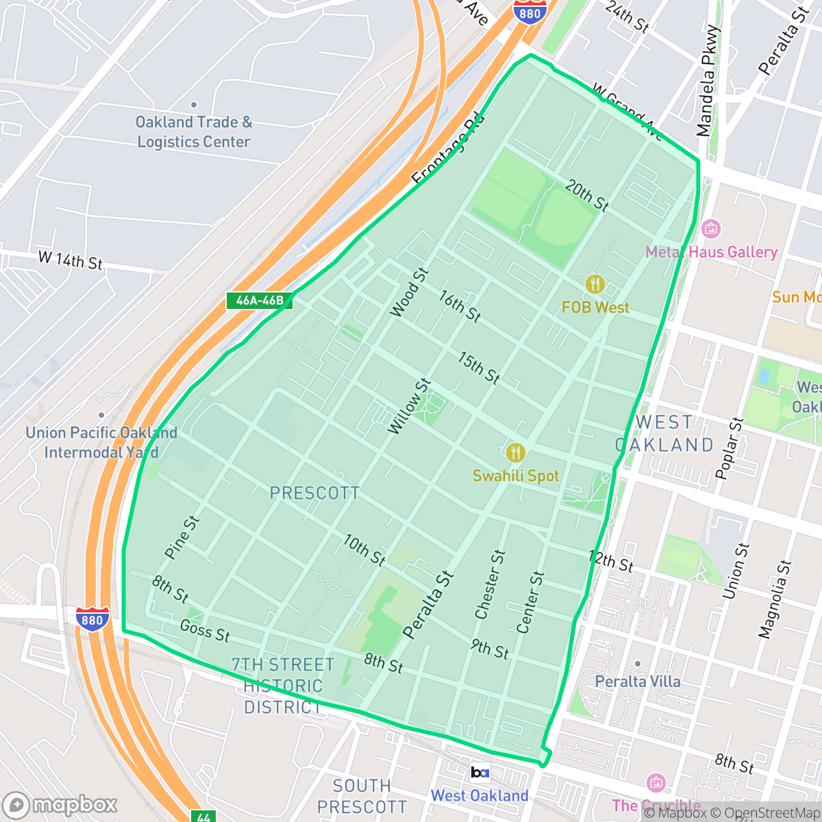 Map showing the location of Prescott, Oakland, CA