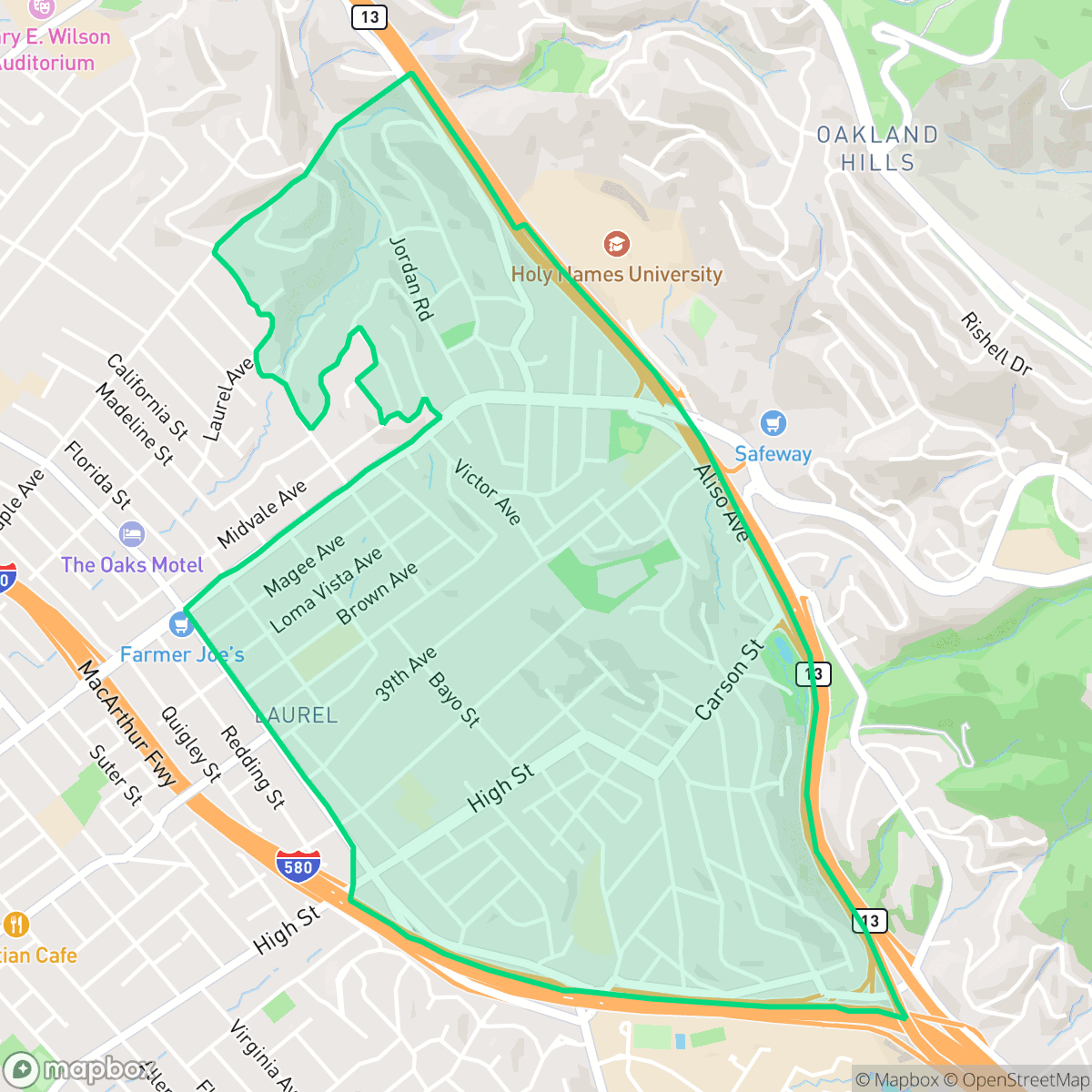 Map showing the location of Redwood Heights, Oakland, CA