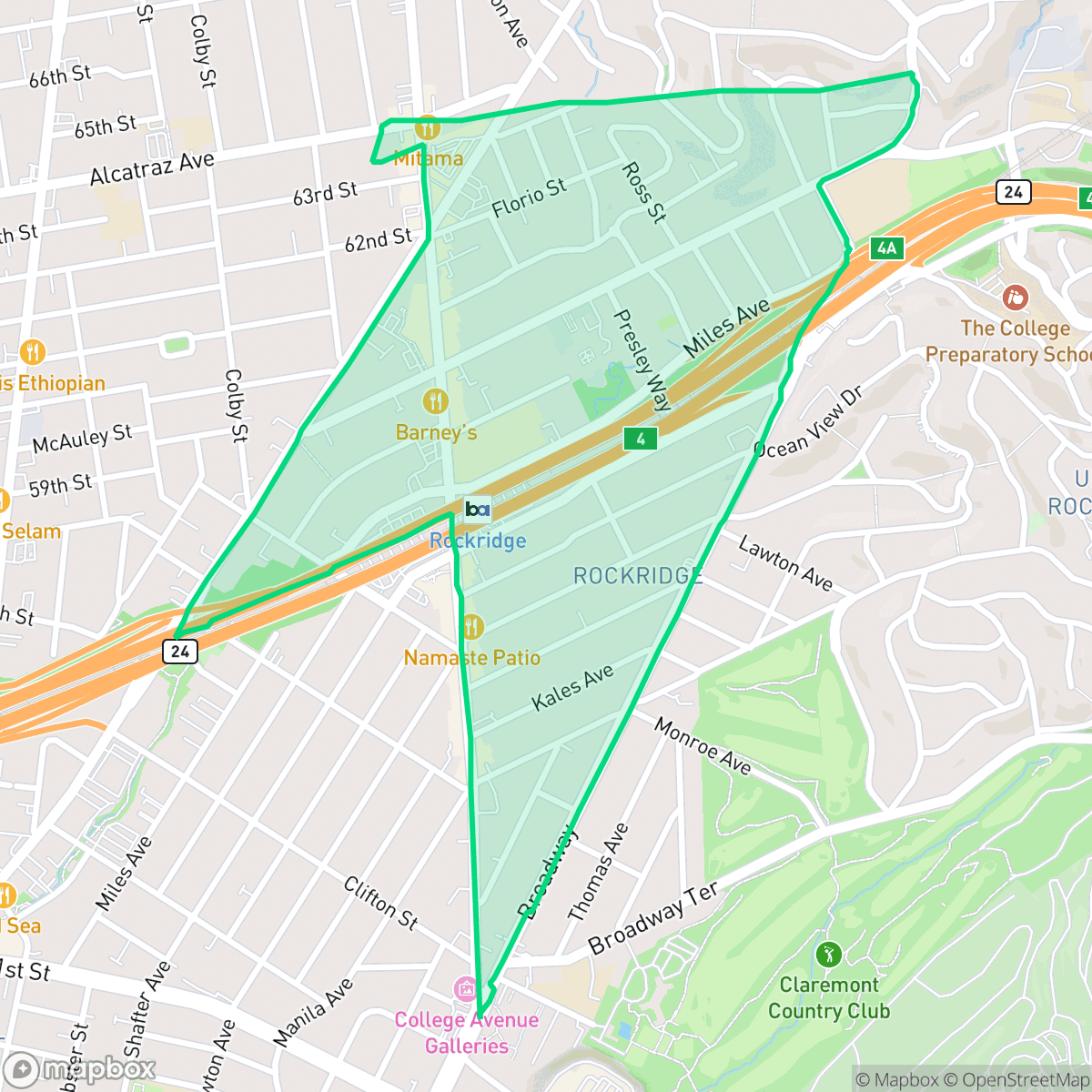Map showing the location of Rockridge, Oakland, CA