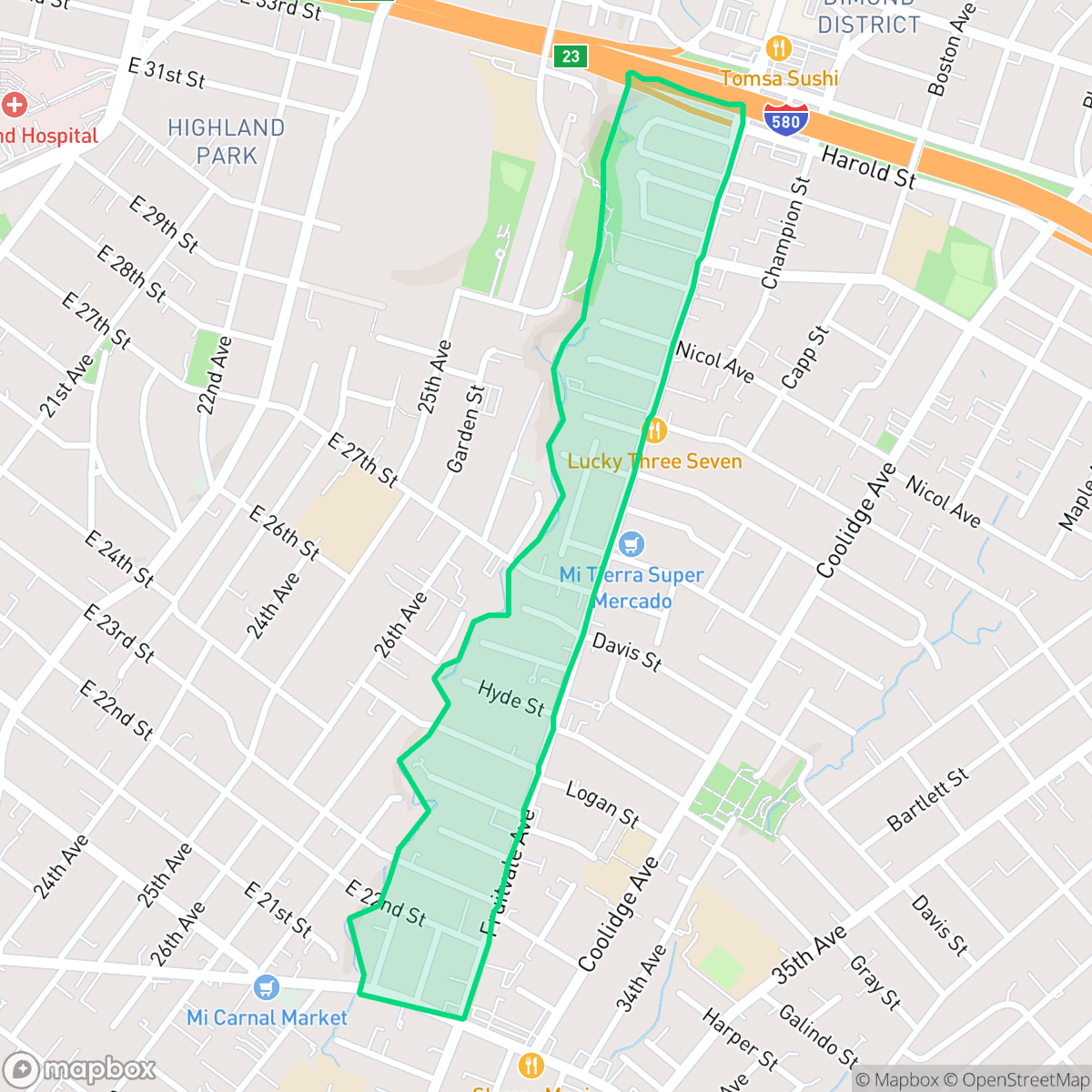 Map showing the location of Sausal Creek, Oakland, CA