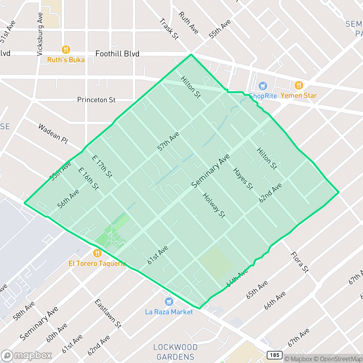 Map showing the location of Seminary, Oakland, CA