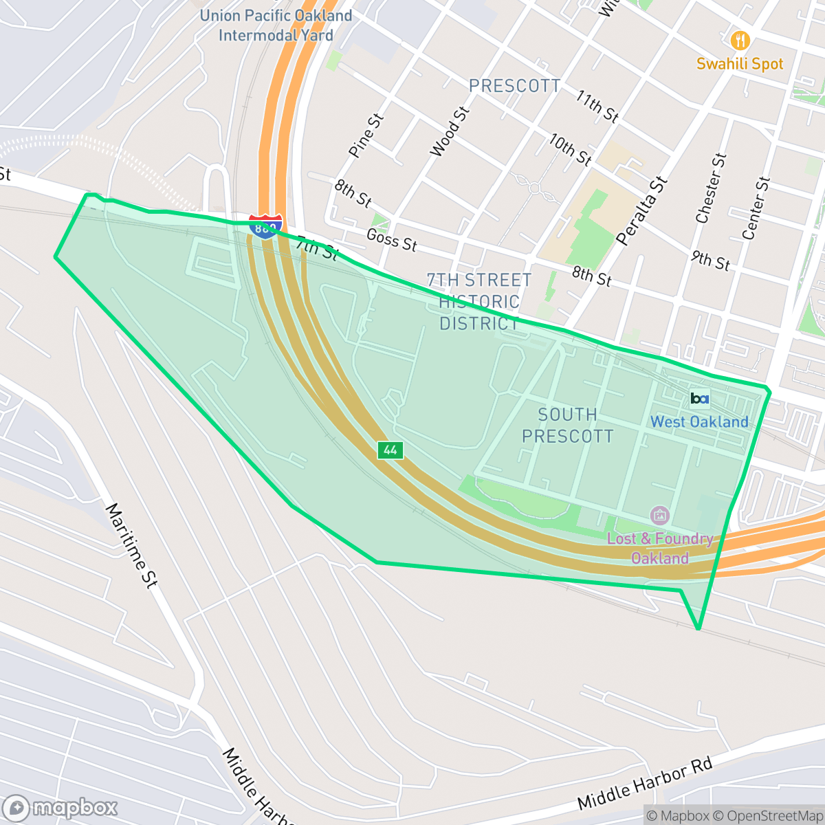 Map showing the location of South Prescott, Oakland, CA