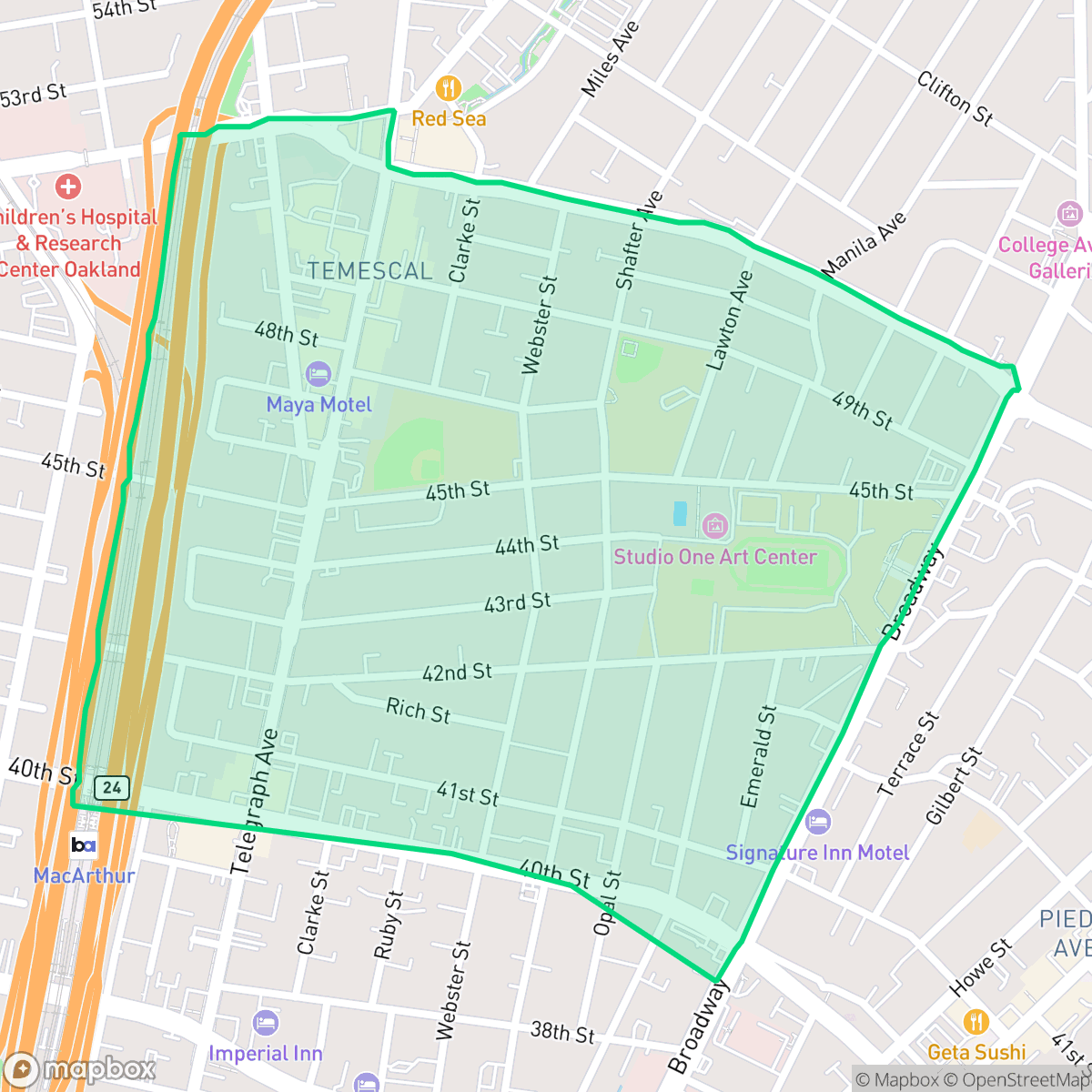 Map showing the location of Temescal, Oakland, CA