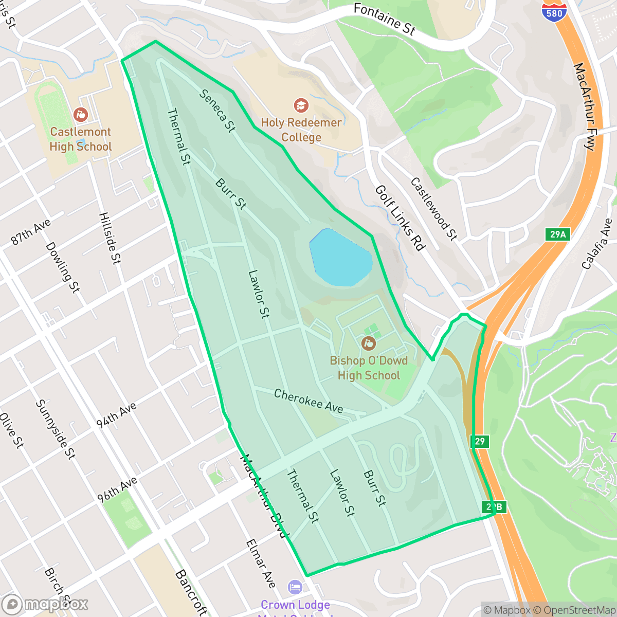 Map showing the location of Toler Heights, Oakland, CA