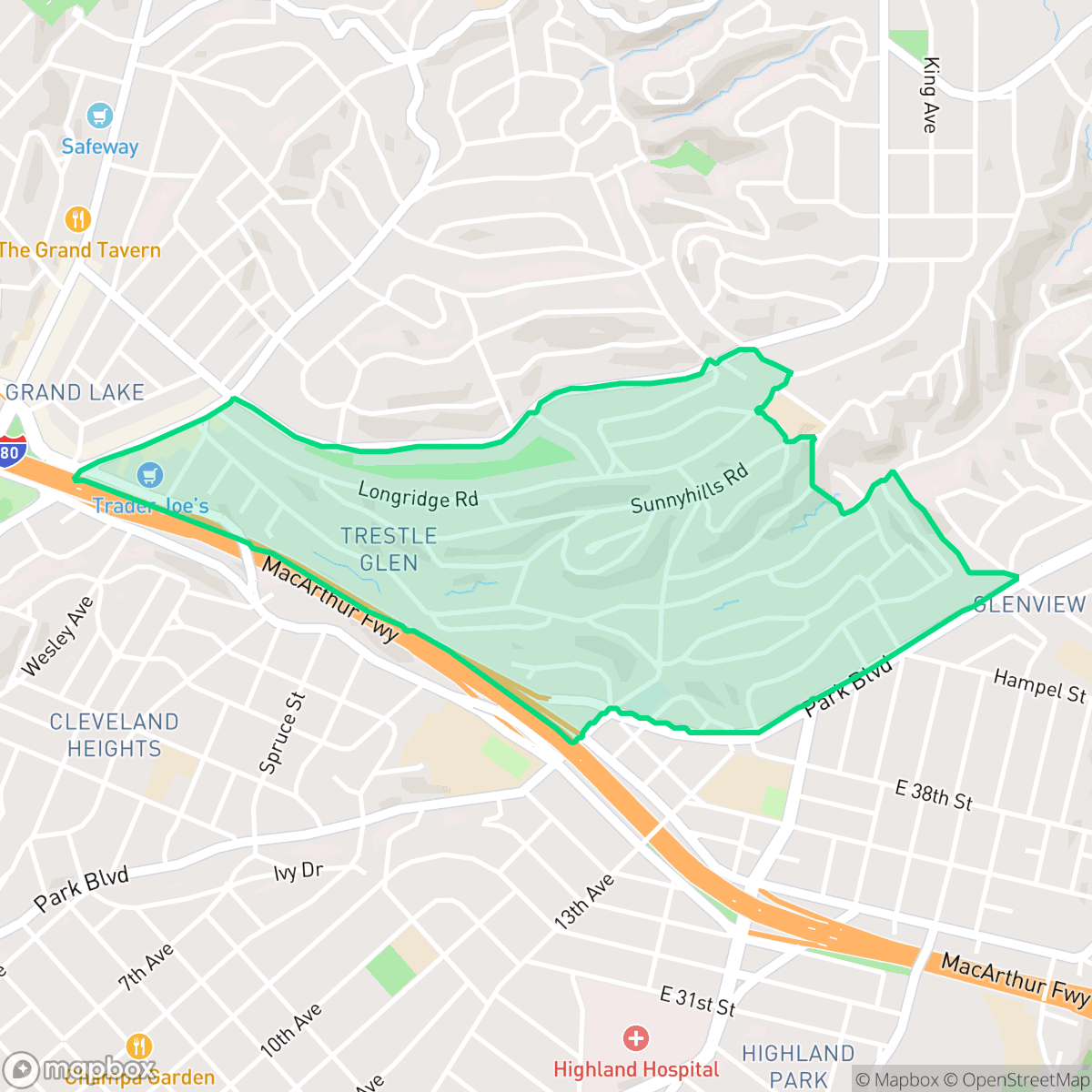 Map showing the location of Trestle Glen, Oakland, CA