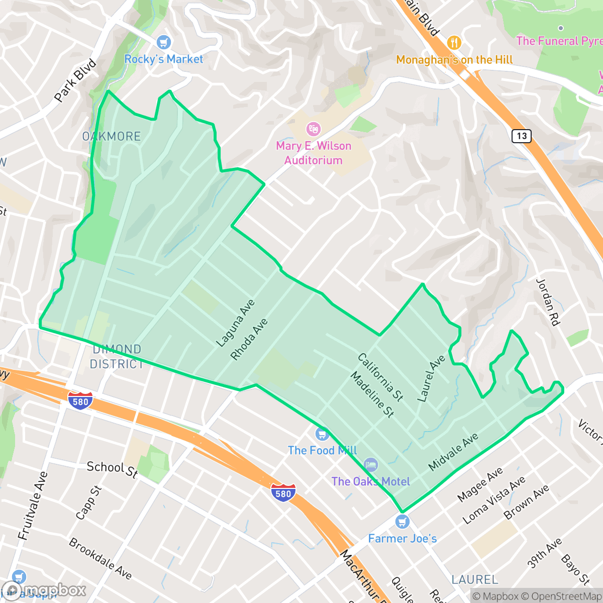 Map showing the location of Upper Dimond, Oakland, CA