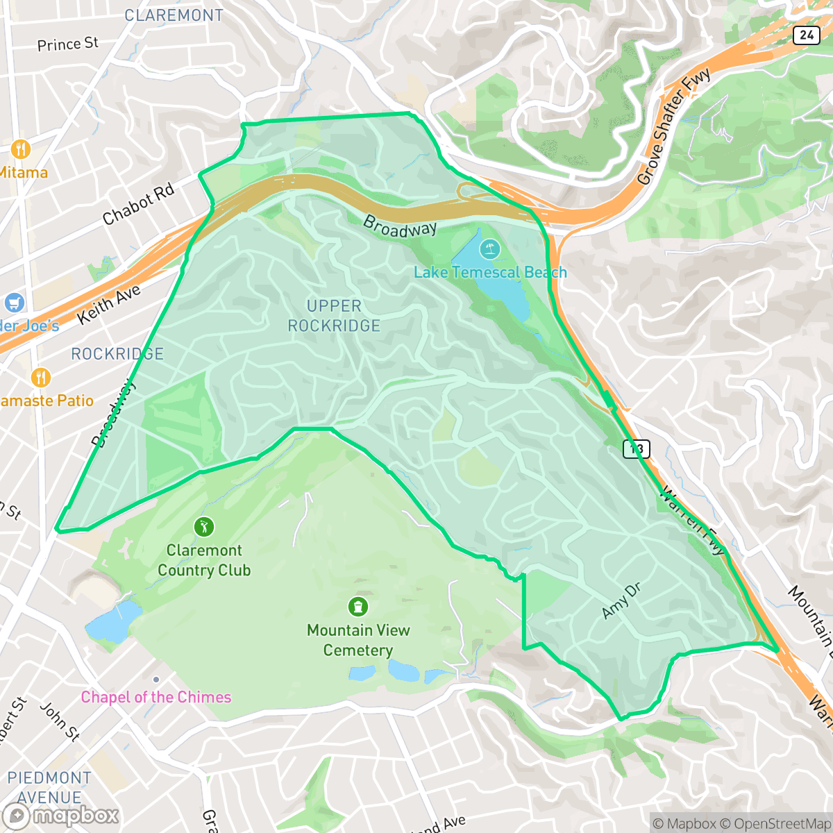 Map showing the location of Upper Rockridge, Oakland, CA