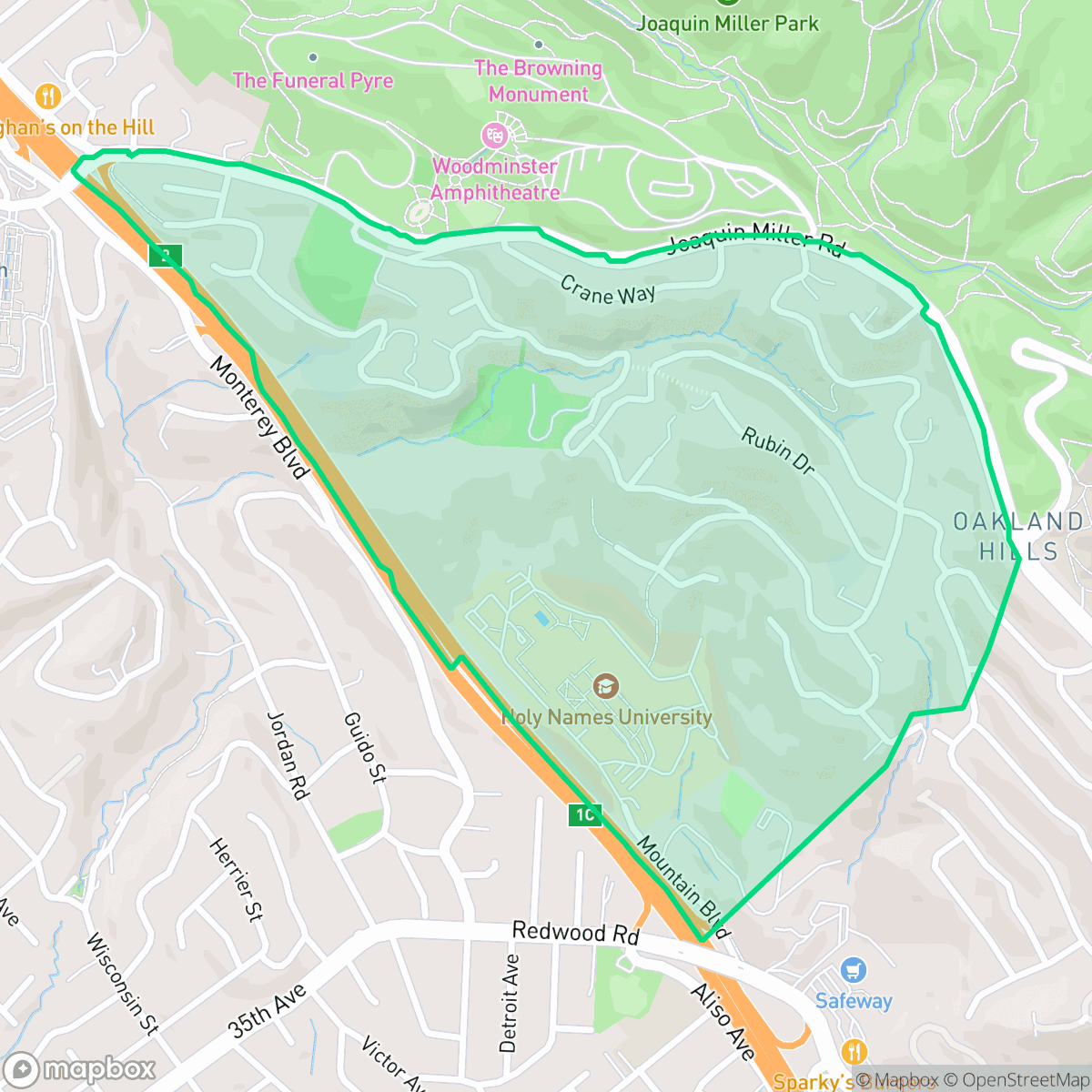 Map showing the location of Woodminster, Oakland, CA