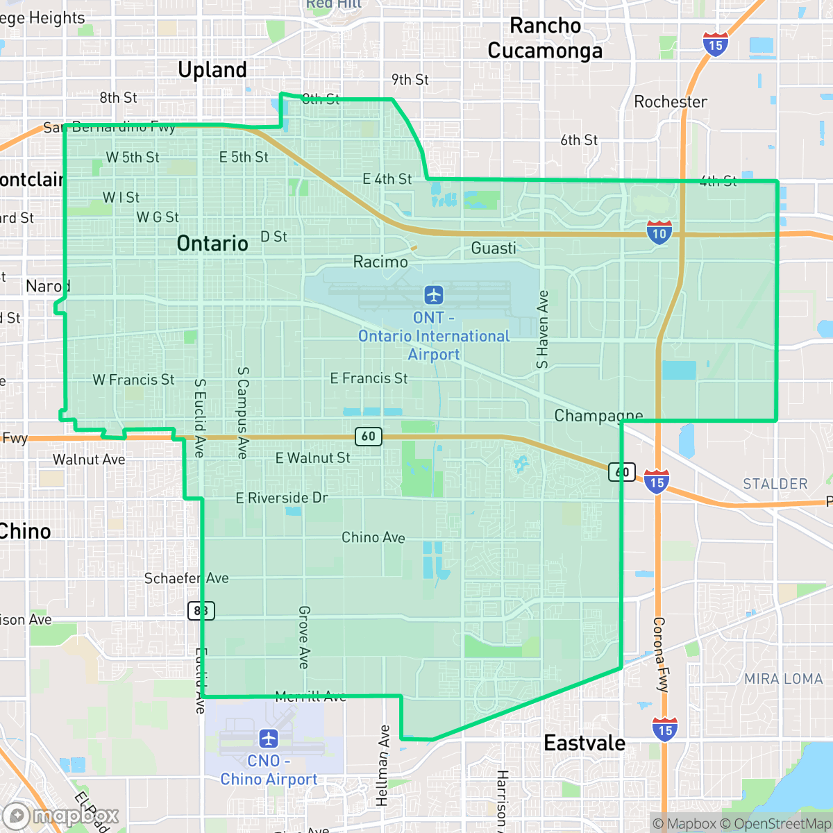 Map showing the location of Ontario, CA — coverage area