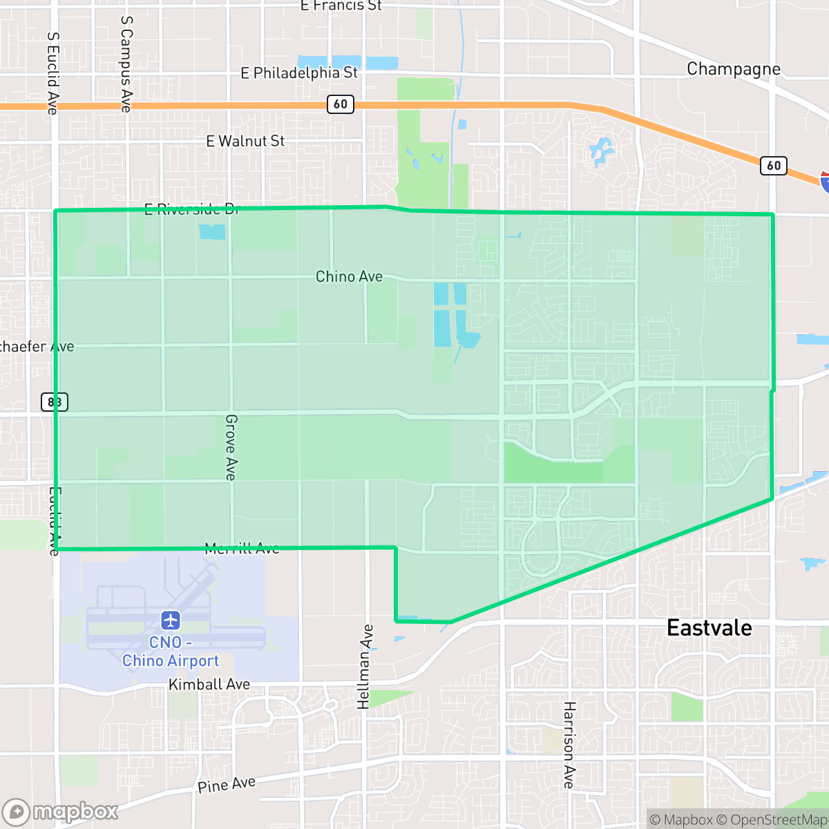 Map showing the location of Ontario Ranch, Ontario, CA