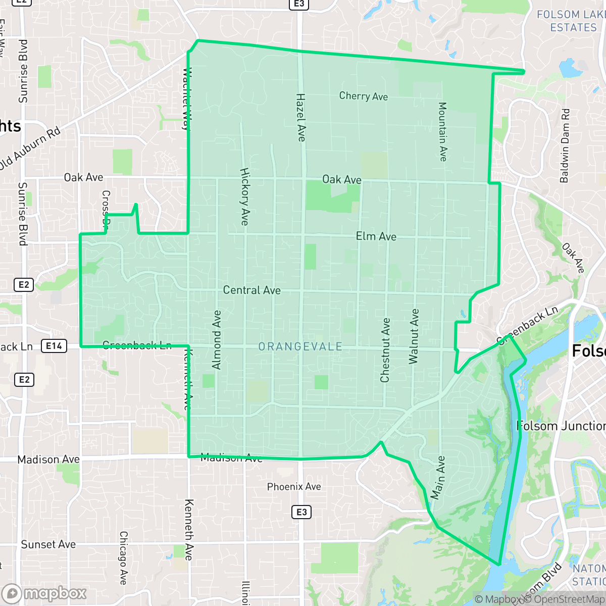 Map showing the location of Orangevale, CA — coverage area