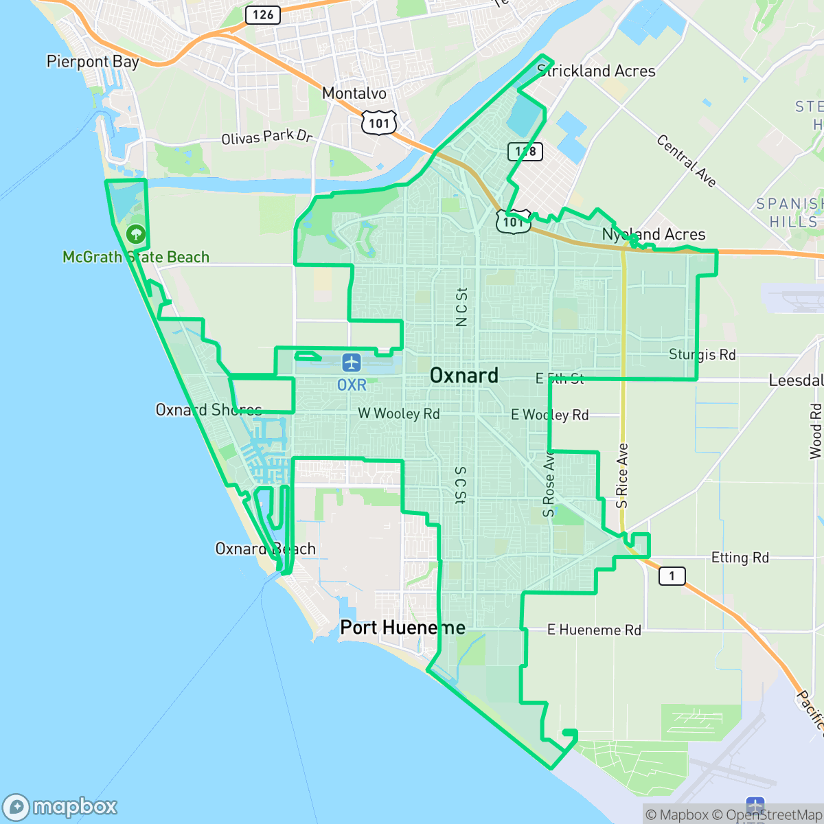 Map showing the location of Oxnard, CA — coverage area