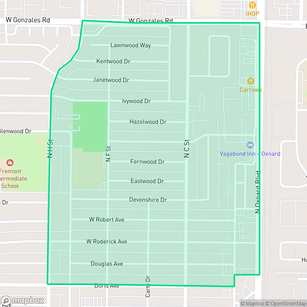 Map showing the location of Carriage Square, Oxnard, CA