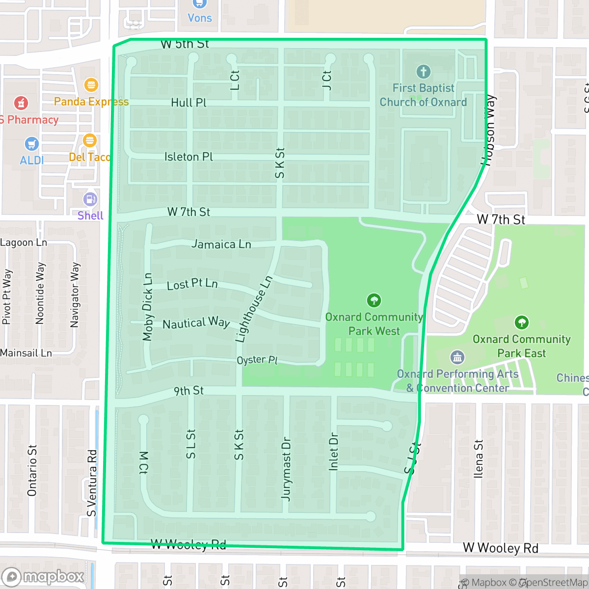 Map showing the location of Hobson Park Wesk, Oxnard, CA