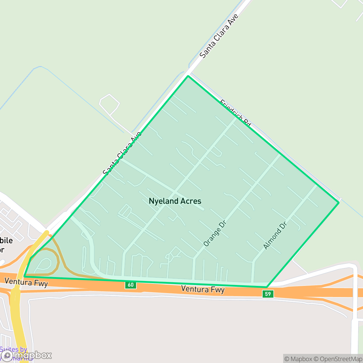 Map showing the location of Nyeland Acres, Oxnard, CA