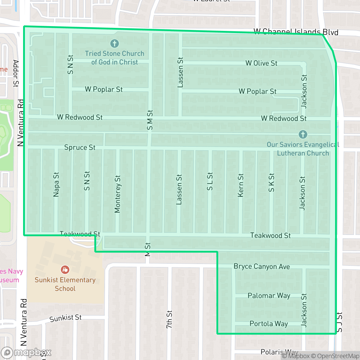 Map showing the location of Redwood, Oxnard, CA