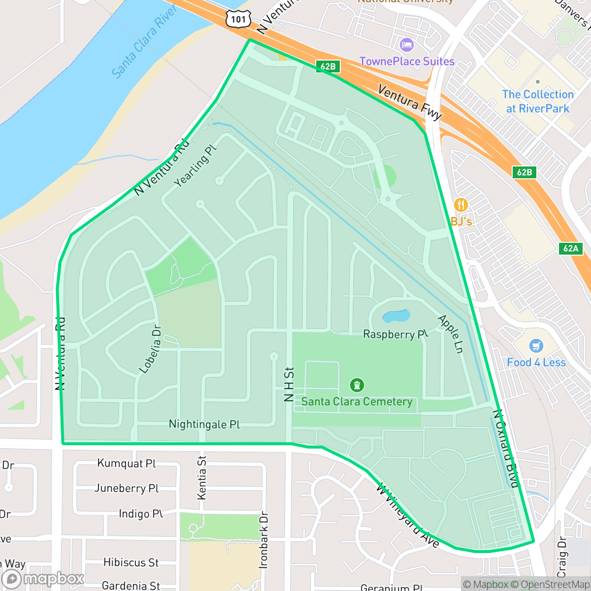 Map showing the location of South Bank, Oxnard, CA