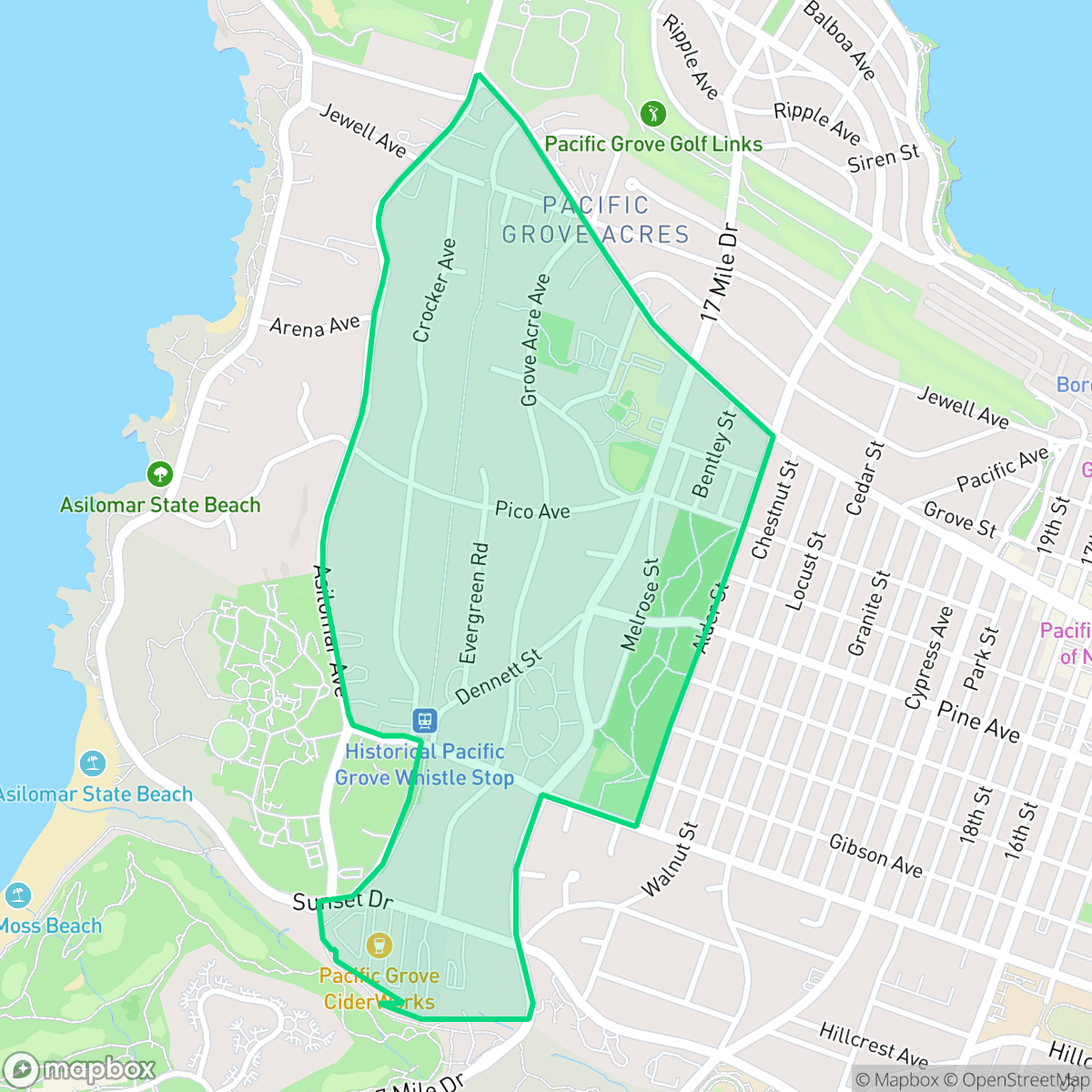 Map showing the location of Pacific Grove Acres, Pacific Grove, CA